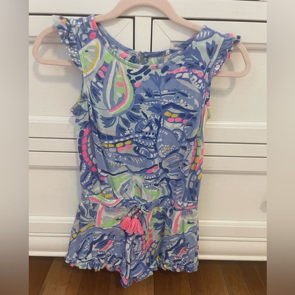 Lilly Pulitzer Blue Floral Paisley Girls' Romper with Pink Tassel